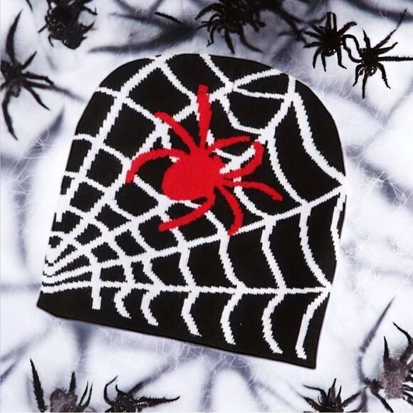 Red Spider and Spider Web Acrylic Knit Beanie Hat - Picture 1 of 4